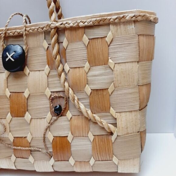 Vintage Hand Made Wide Woven Leaf Large Beach Tote Summer Bag Rope Handle Beige - Picture 4 of 15